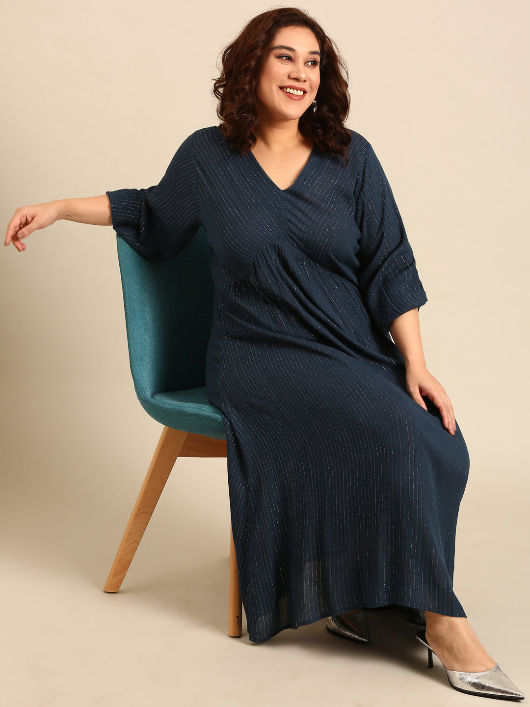 Women Teal Lurex Maxi Dress