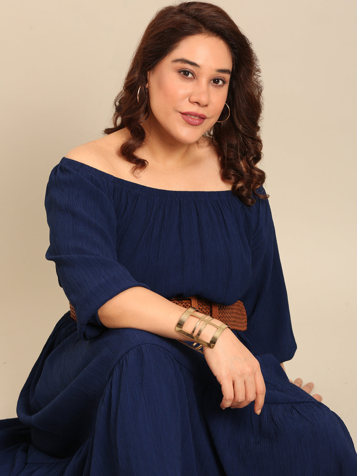 Women Navy Crepe Off Shoulder Dress