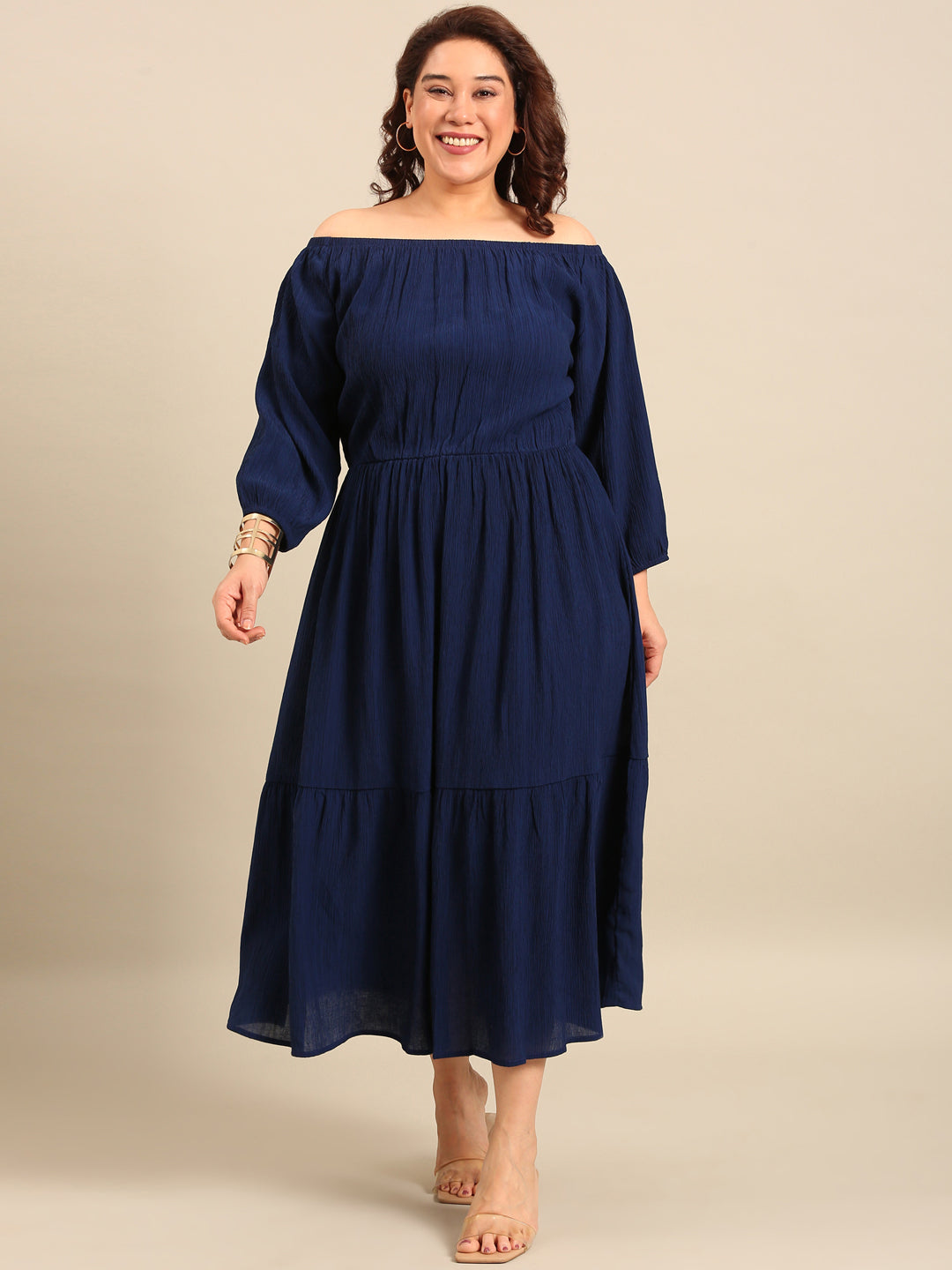 Women Navy Crepe Off Shoulder Dress