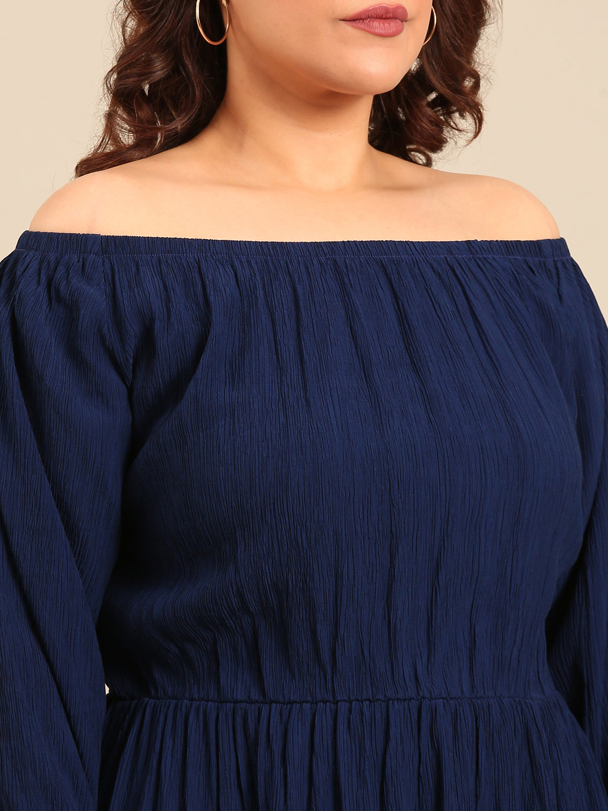 Women Navy Crepe Off Shoulder Dress