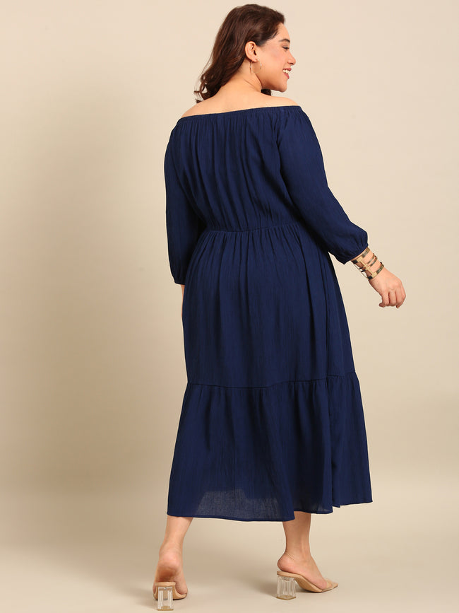 Women Navy Crepe Off Shoulder Dress