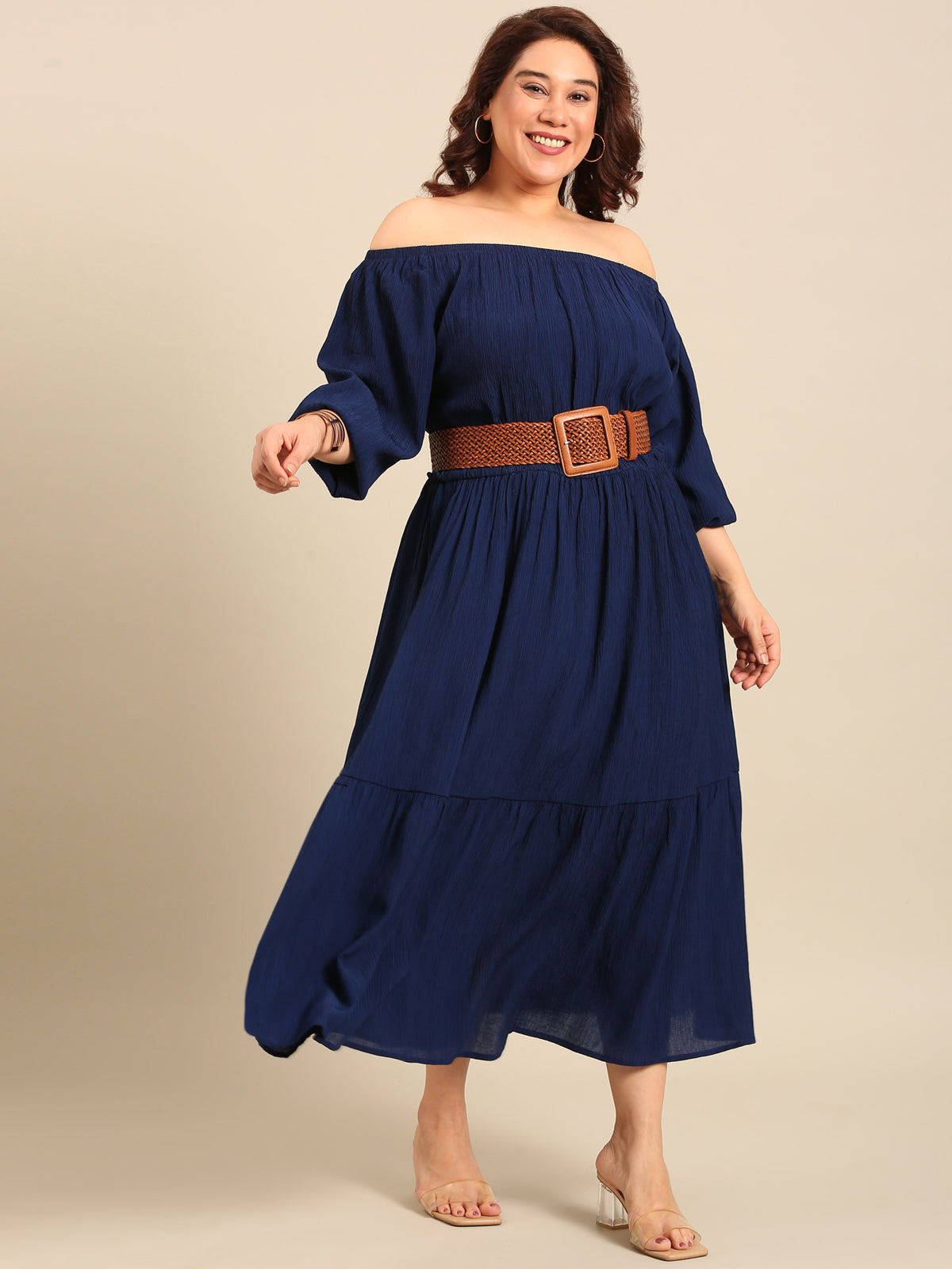 Women Navy Crepe Off Shoulder Dress