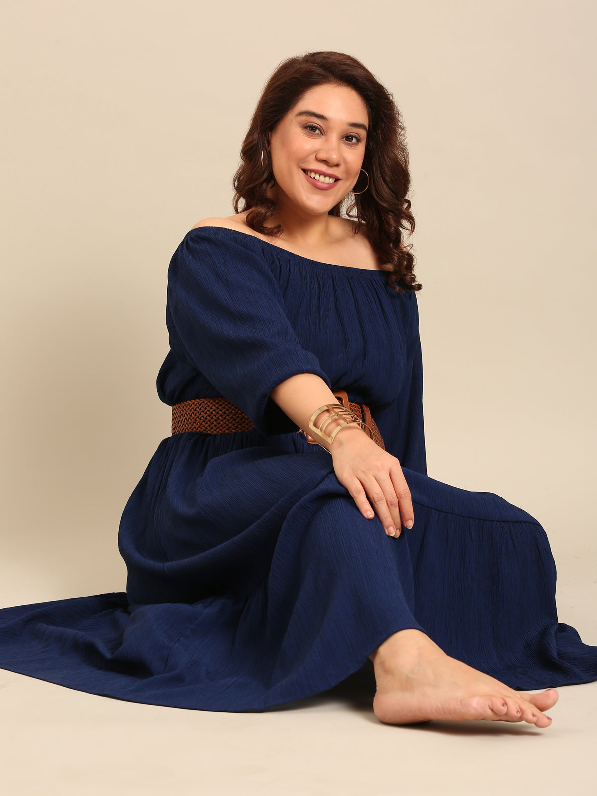 Women Navy Crepe Off Shoulder Dress