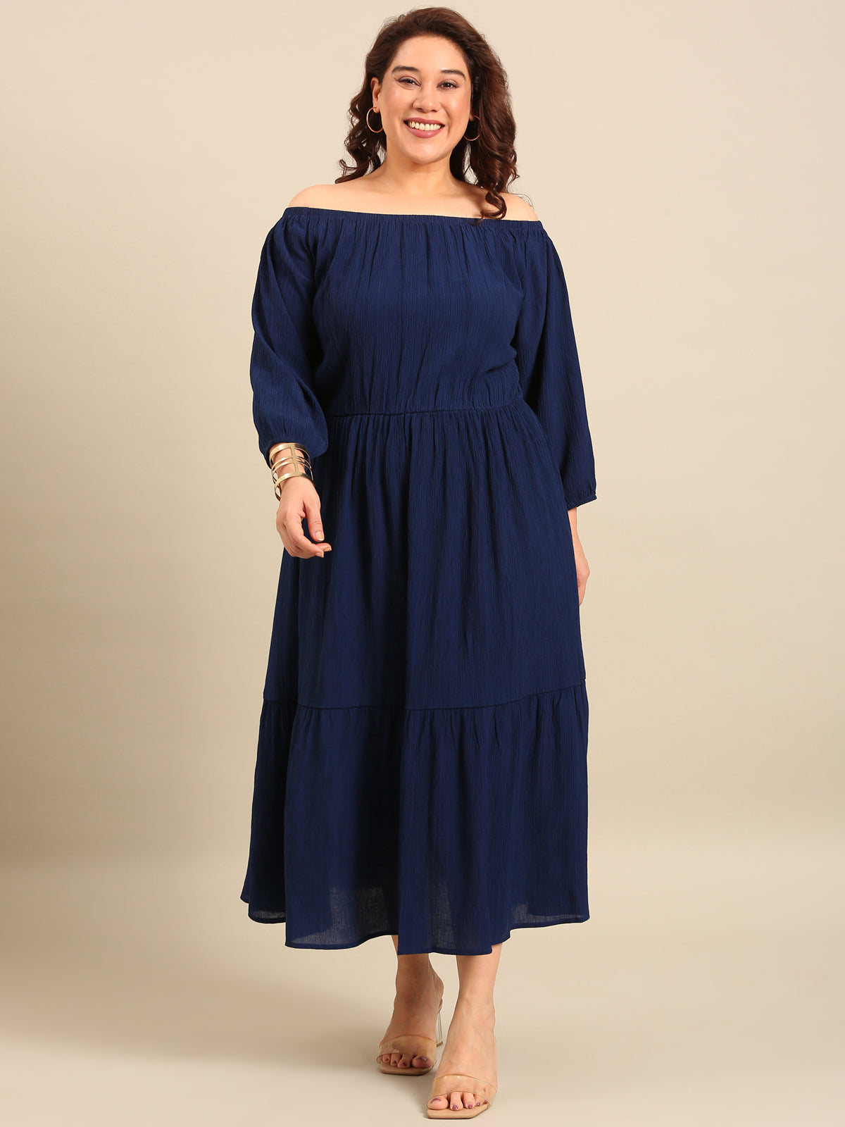 Women Navy Crepe Off Shoulder Dress