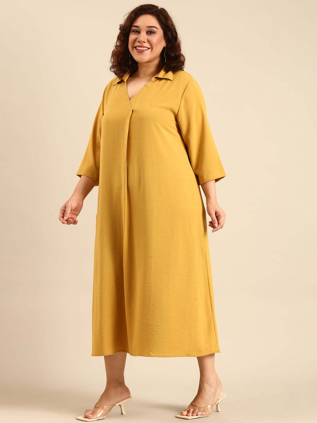 Women Yellow Ochre Collar Maxi Dress