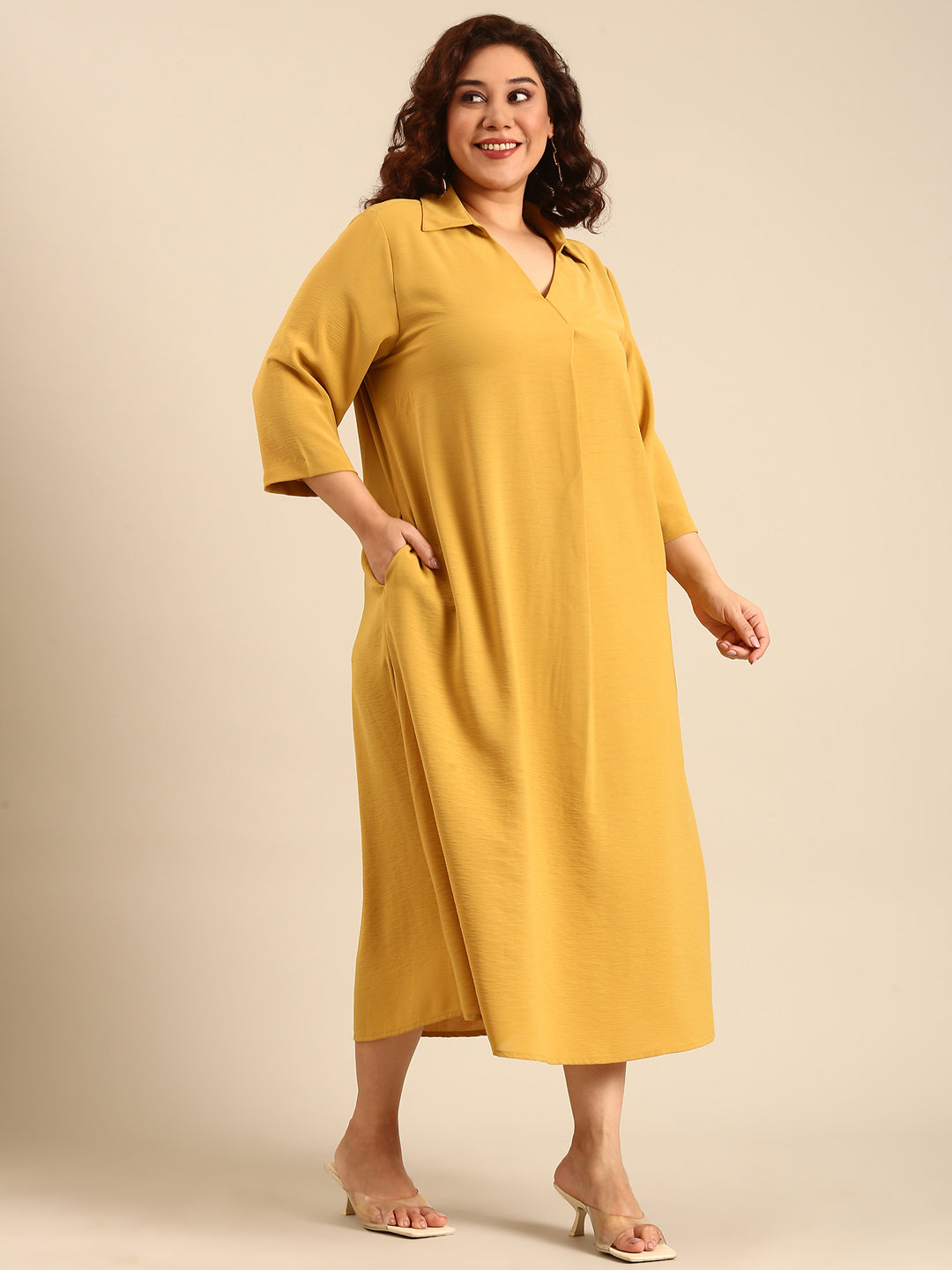 Women Yellow Ochre Collar Maxi Dress