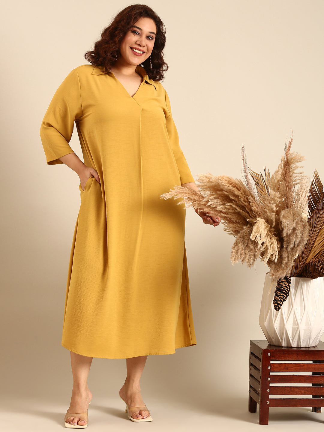 Women Yellow Ochre Collar Maxi Dress
