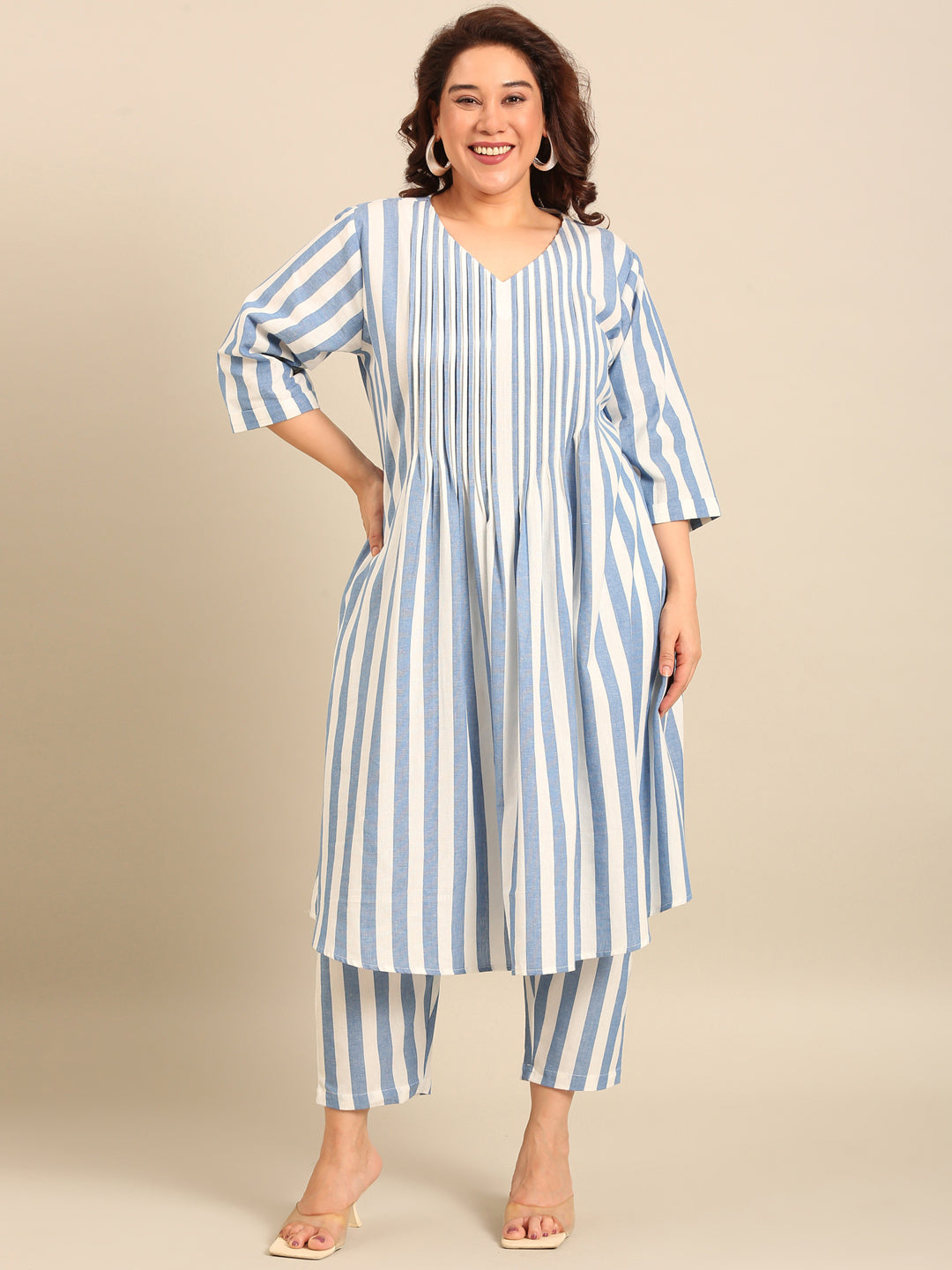 Women Cotton Stripe A-Line Shirt Dress