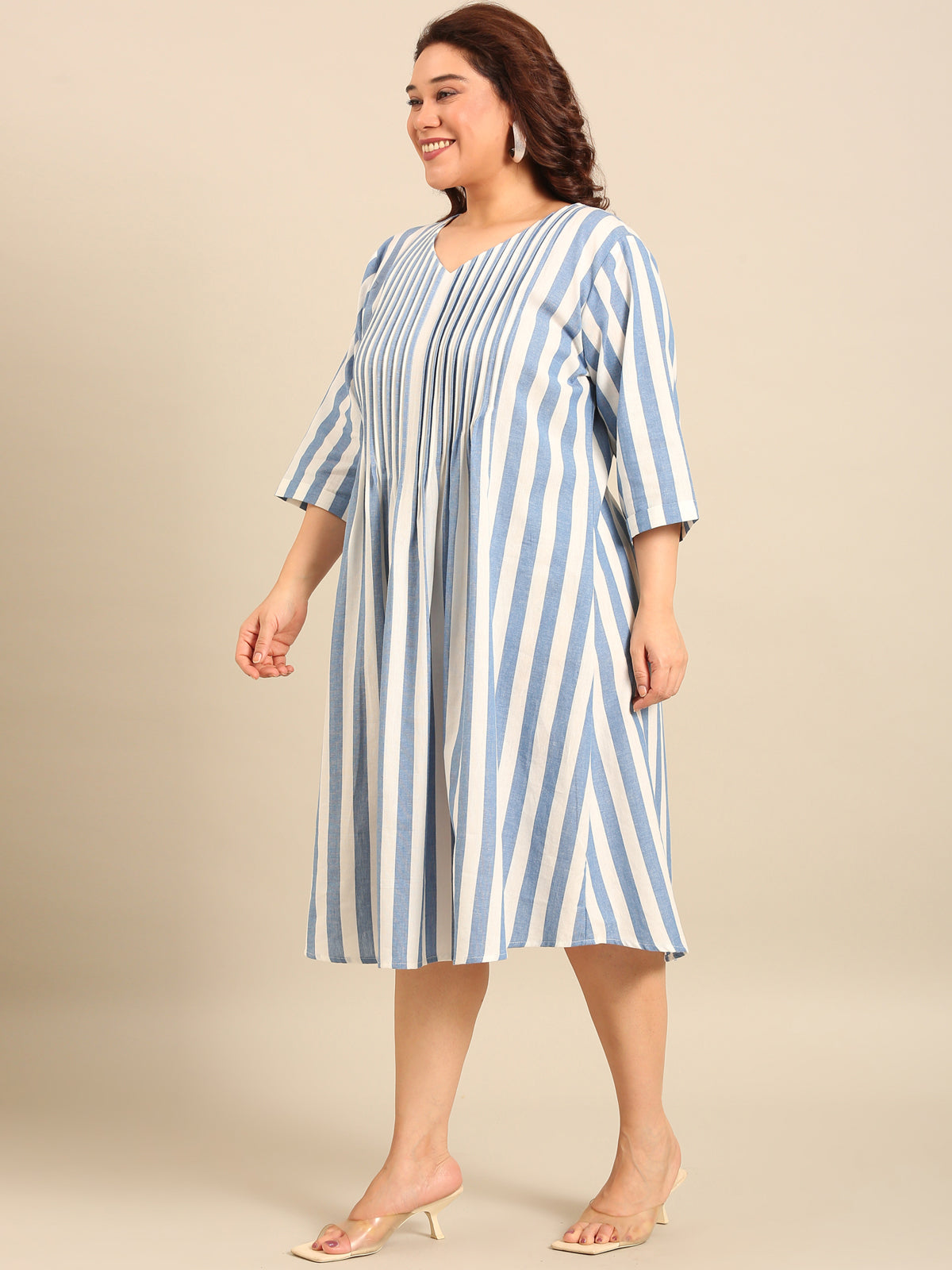 Women Cotton Stripe A-Line Shirt Dress