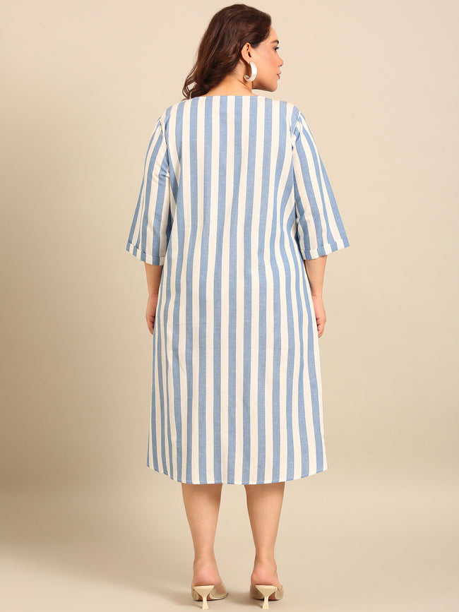 Women Cotton Stripe A-Line Shirt Dress