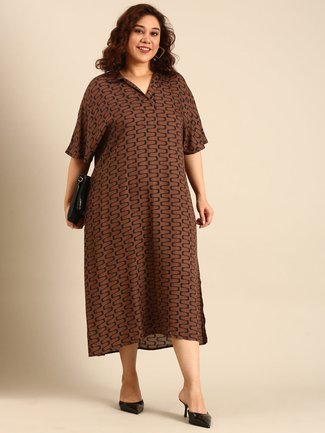 Women Brown Ikat Printed Midi Dress