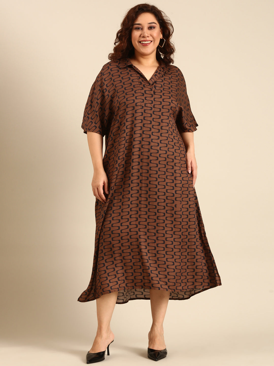 Women Brown Ikat Printed Midi Dress