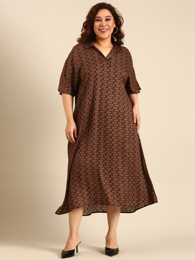 Women Brown Ikat Printed Midi Dress