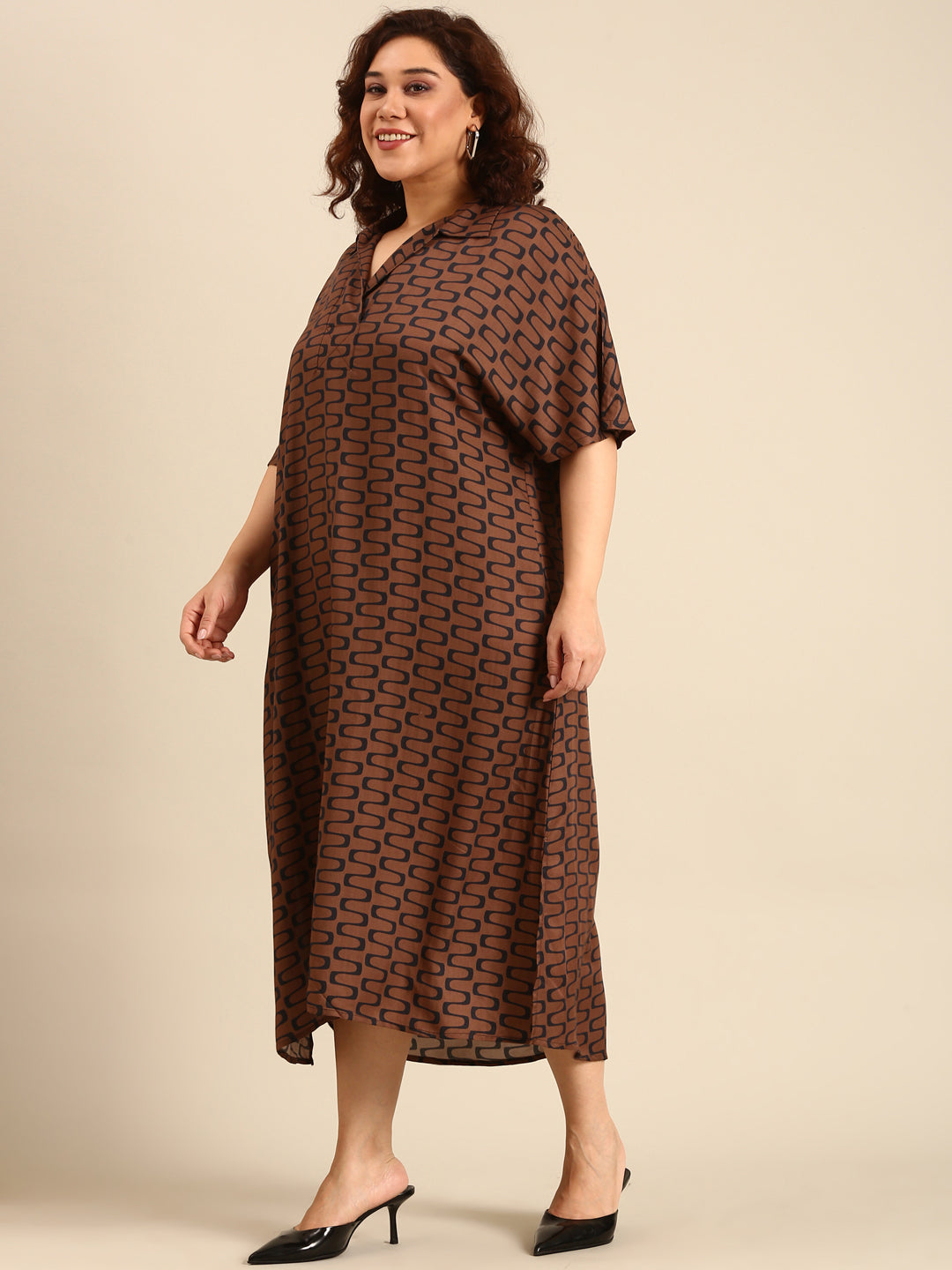 Women Brown Ikat Printed Midi Dress