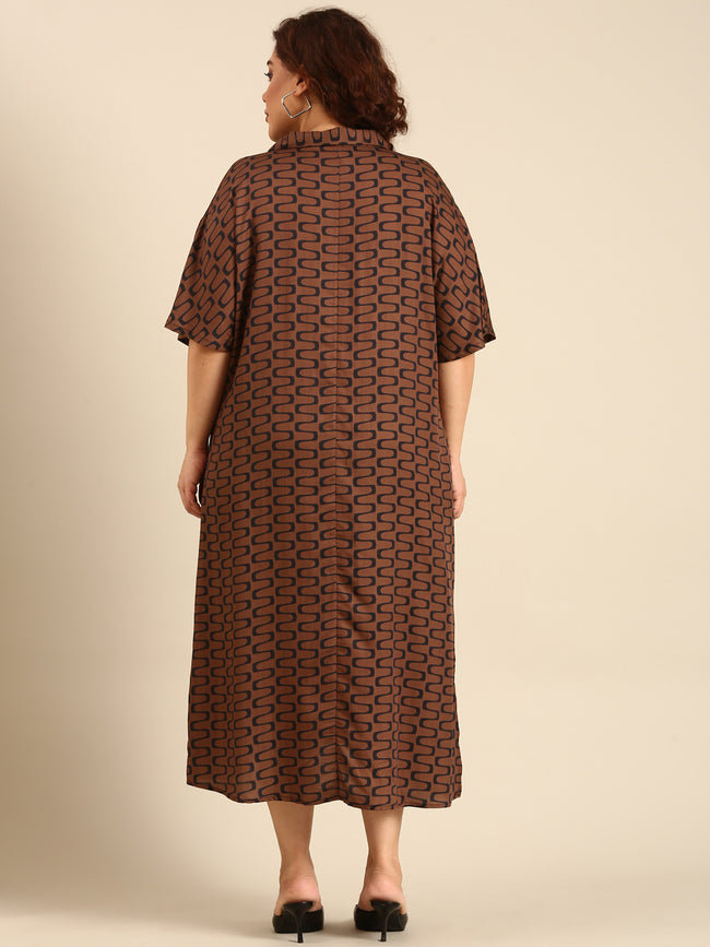 Women Brown Ikat Printed Midi Dress