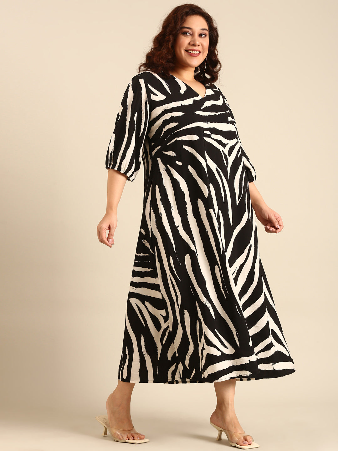 Women Beige Abstract Printed Maxi Dress