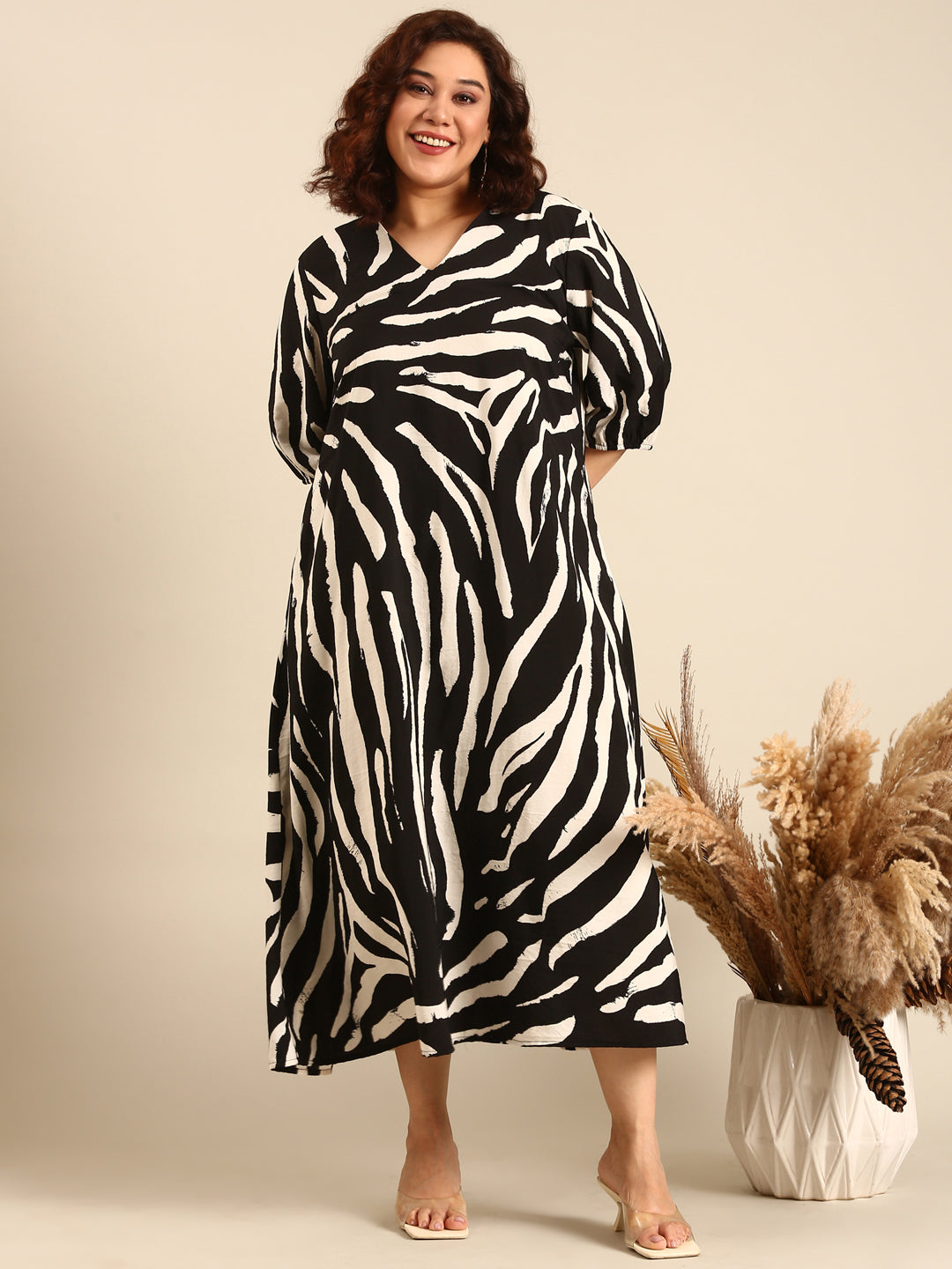 Women Beige Abstract Printed Maxi Dress