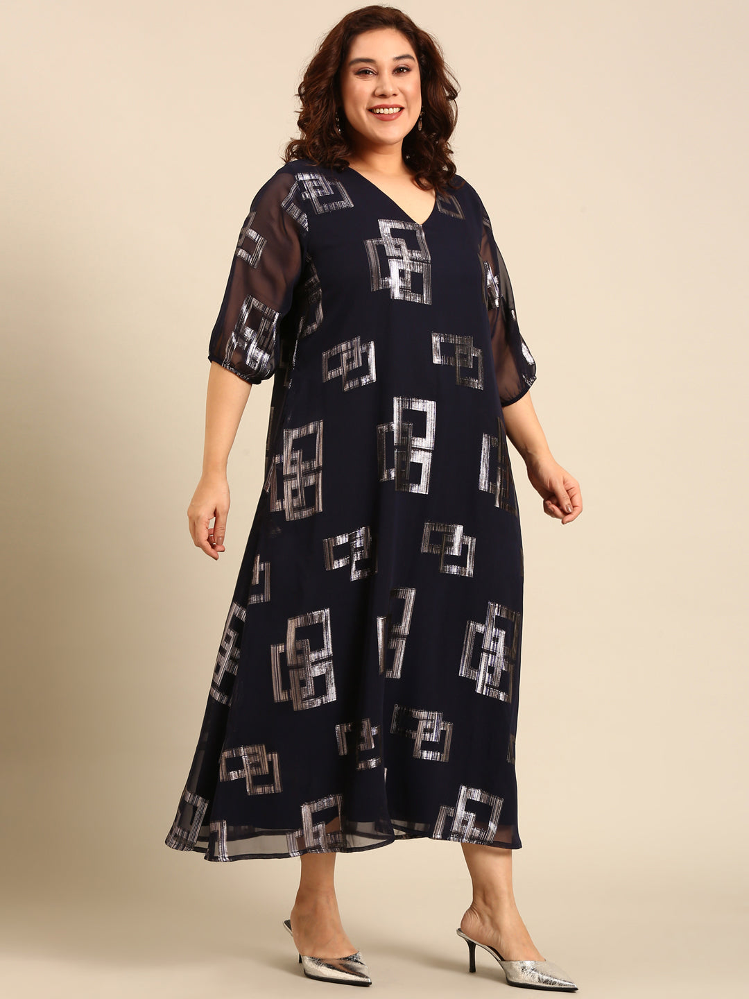 Women Navy Printed Party Dress