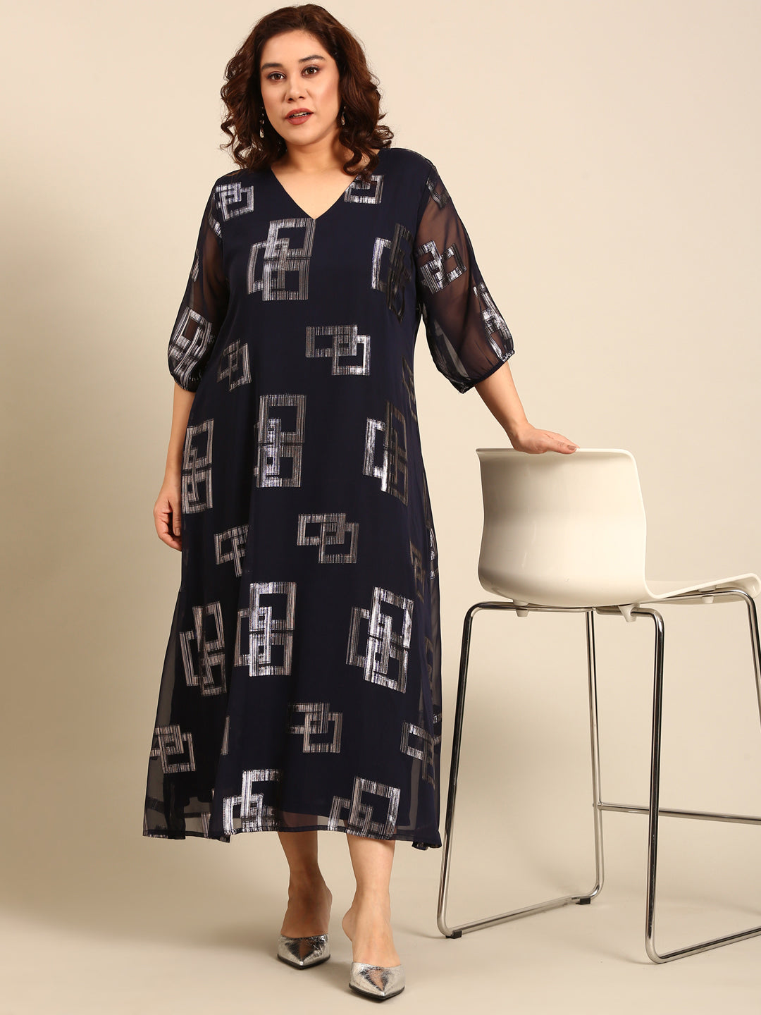 Women Navy Printed Party Dress