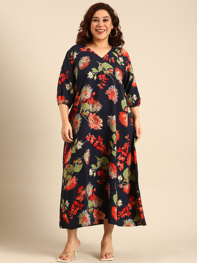 Women Navy Floral Printed Maxi Dress