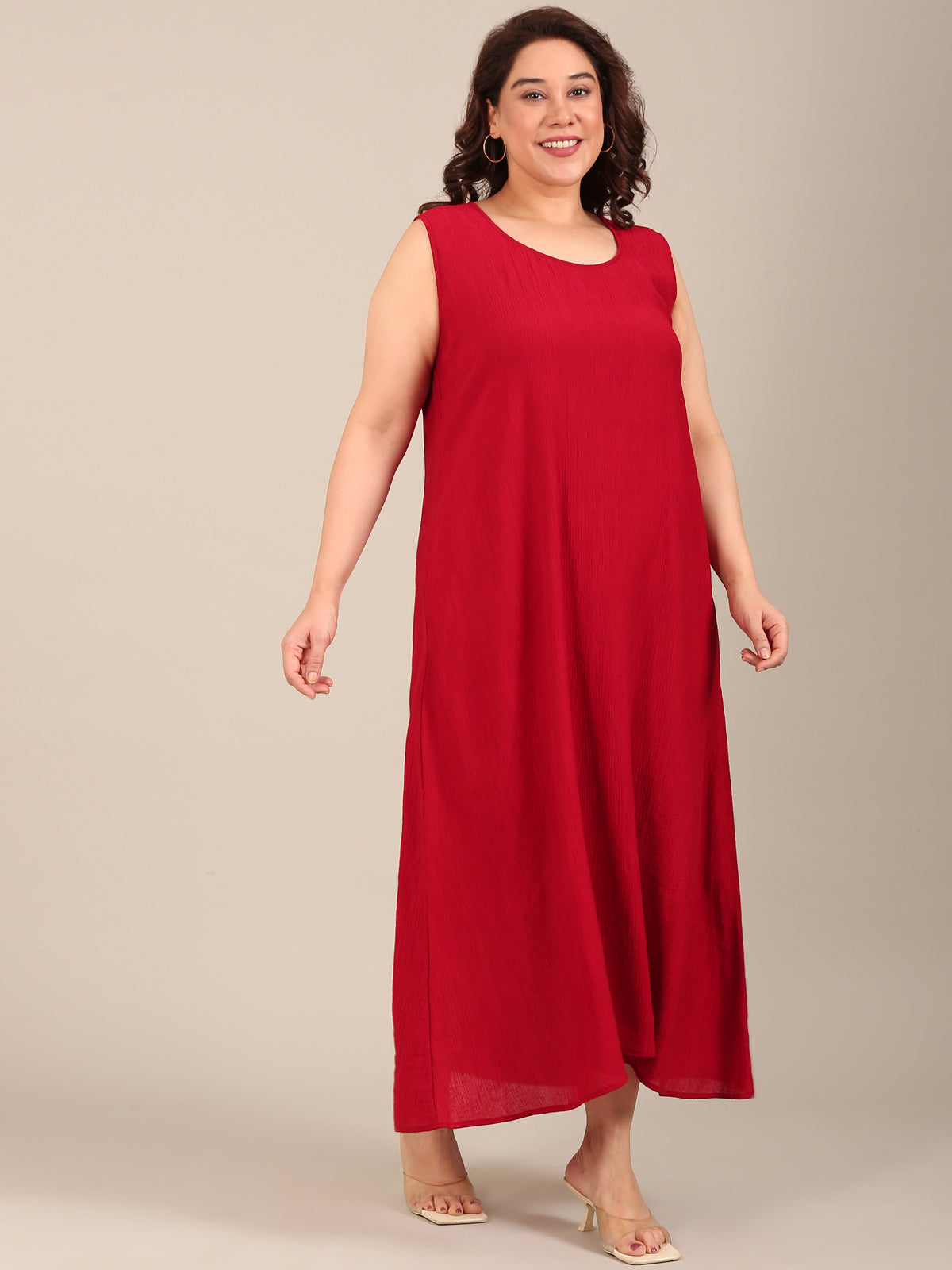Women Red Crepe Sleeveless Maxi Dress