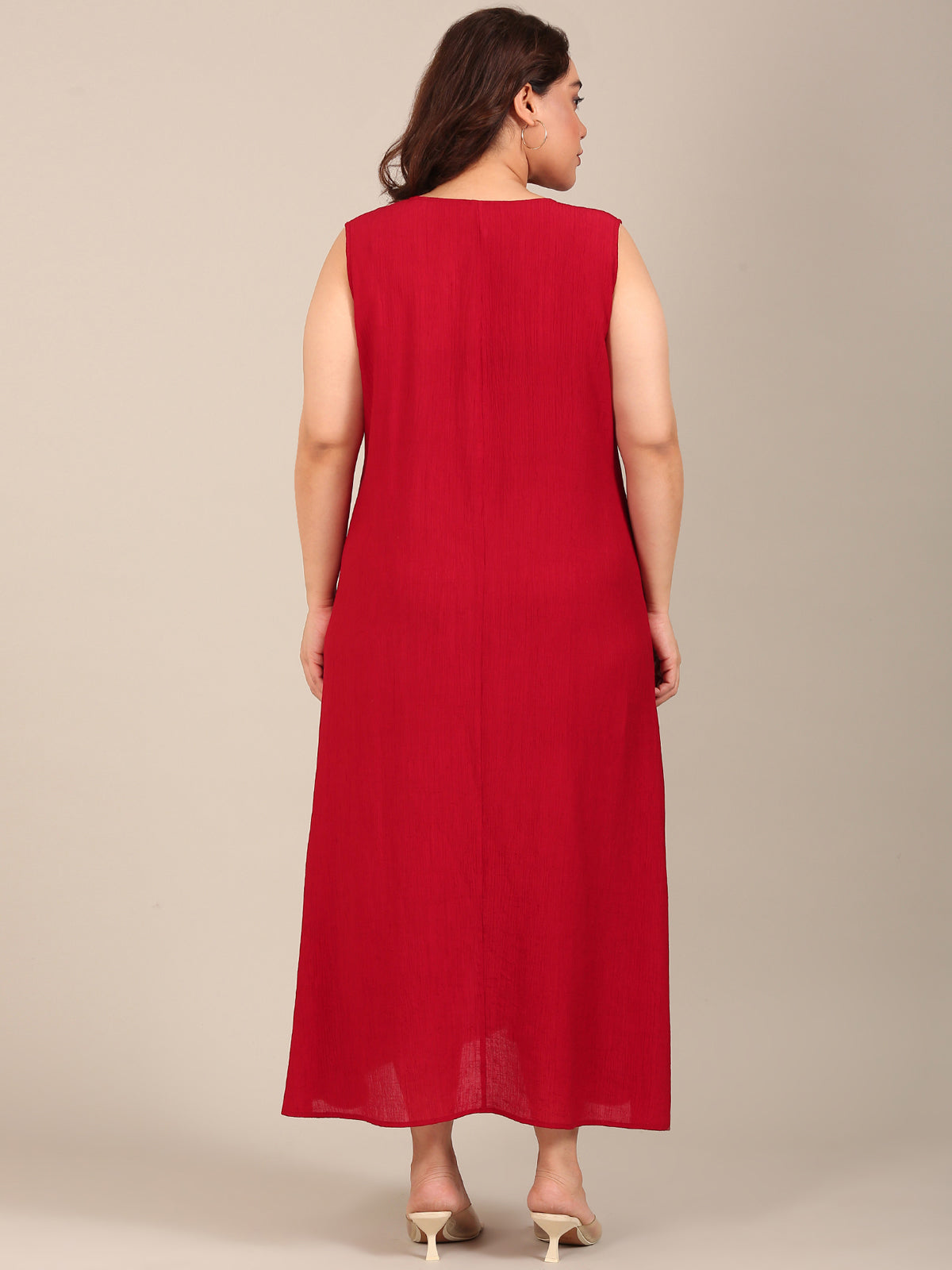 Women Red Crepe Sleeveless Maxi Dress