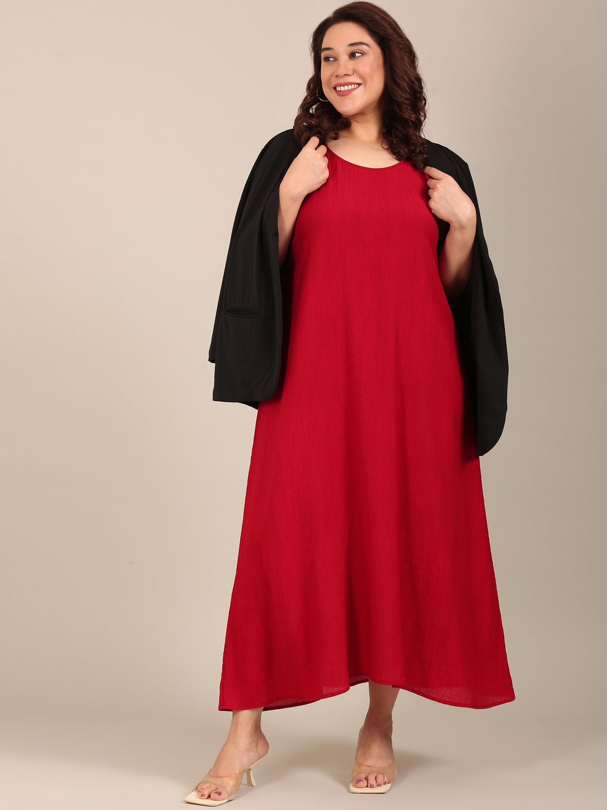 Women Red Crepe Sleeveless Maxi Dress