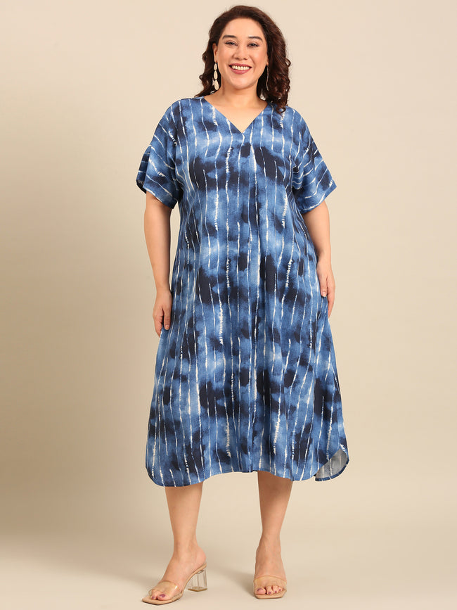 Women Blue Printed A-Line Midi Dress