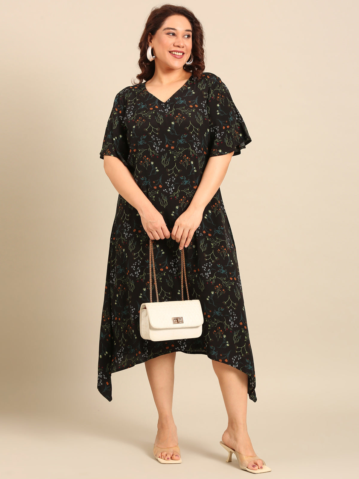 Women Black Floral Print A-Line Dres
