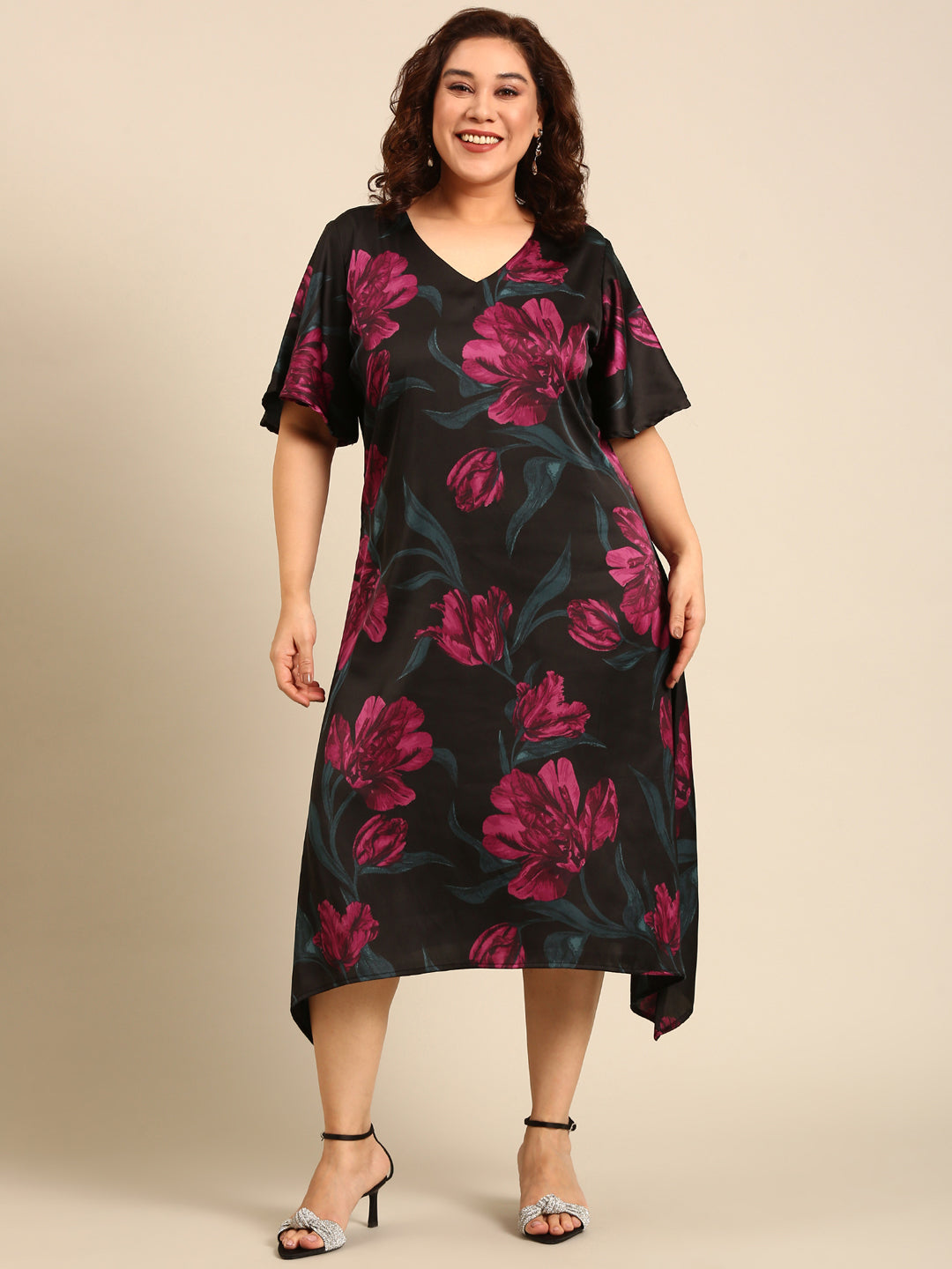 Women Floral Printed Satin A-Line Dress