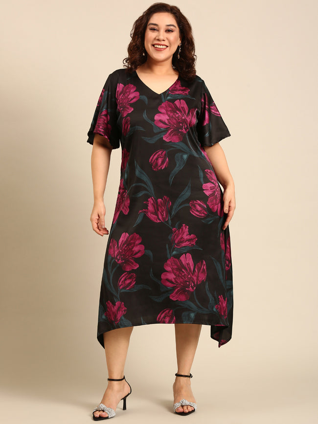 Women Floral Printed Satin A-Line Dress
