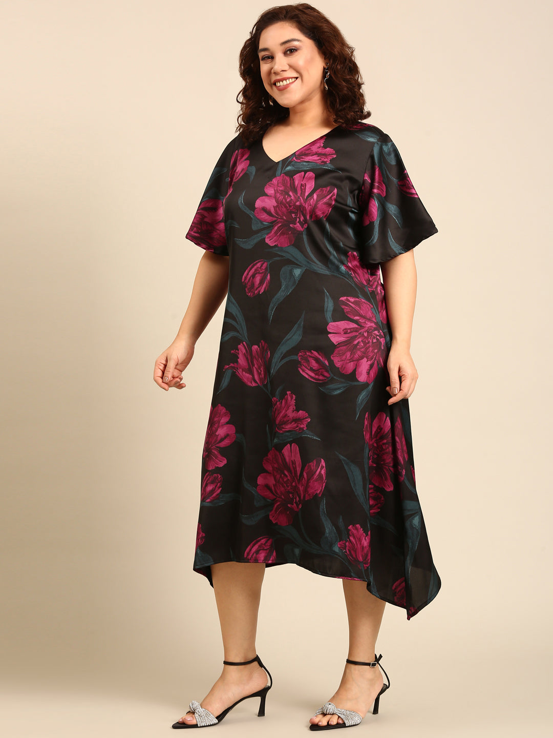Women Floral Printed Satin A-Line Dress