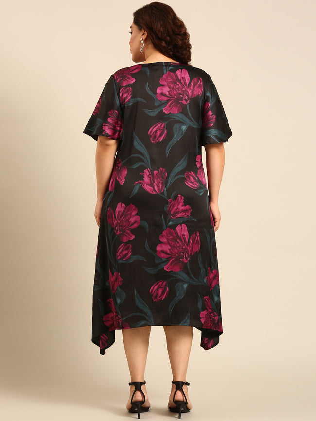 Women Floral Printed Satin A-Line Dress