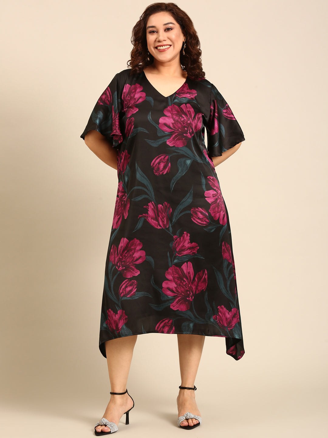 Women Floral Printed Satin A-Line Dress