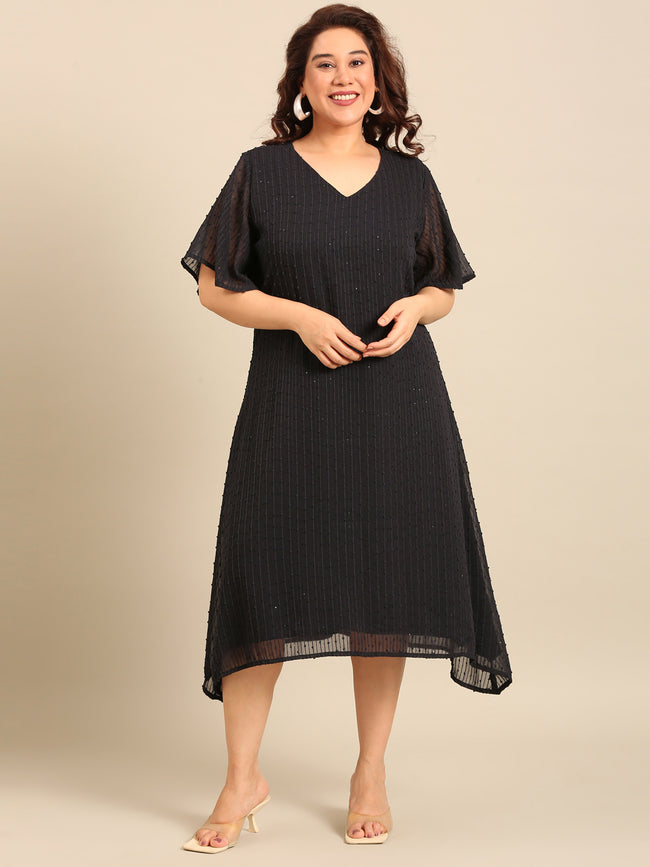 Women Navy Embroidered A-Line Dress