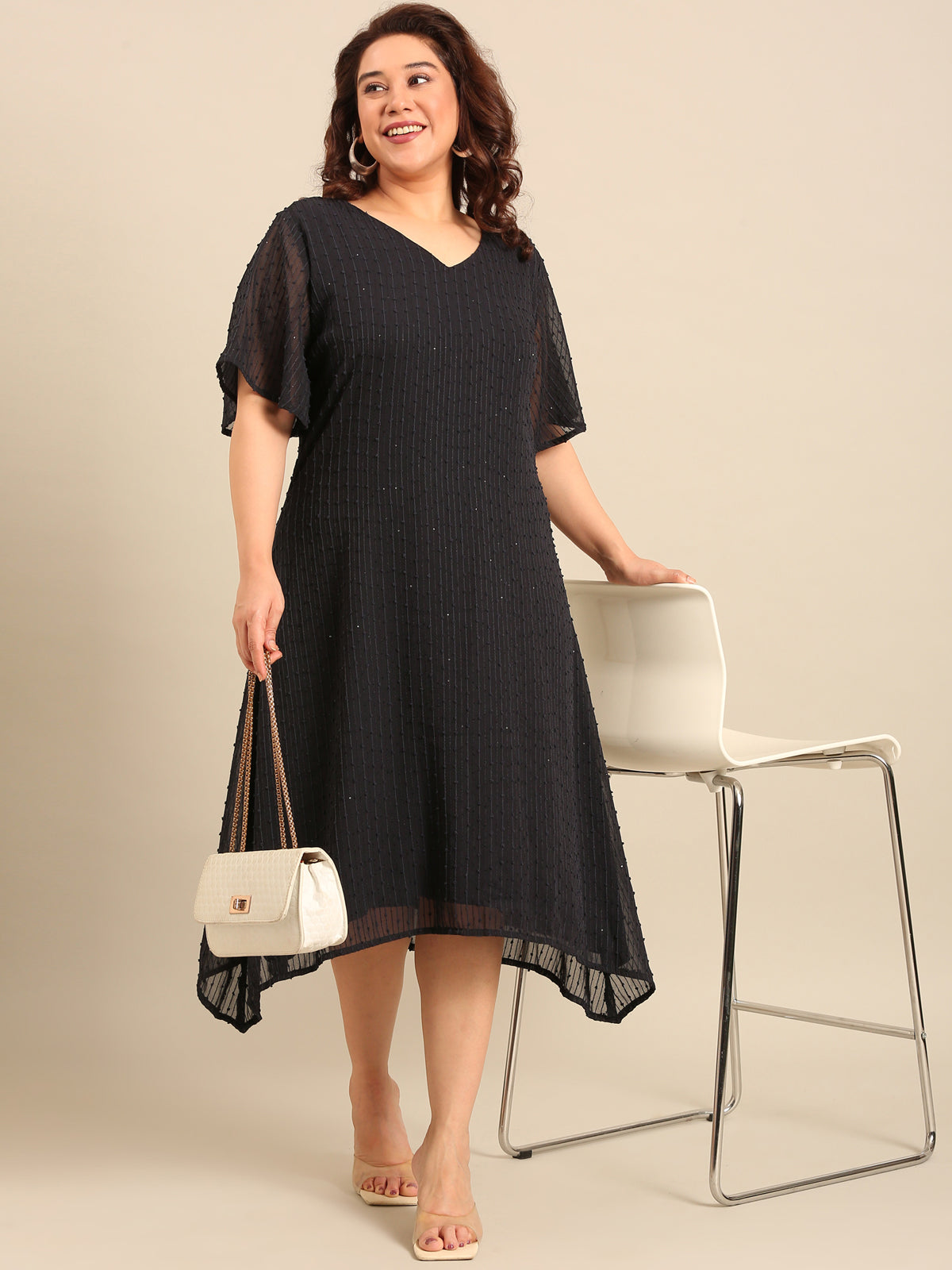 Women Navy Embroidered A-Line Dress