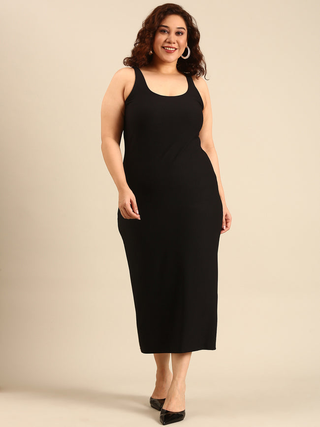 Women Black Ribbed Bodycon Dress