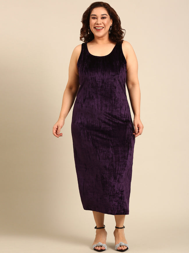 Women Purple Velvet Sleeve-less Dress