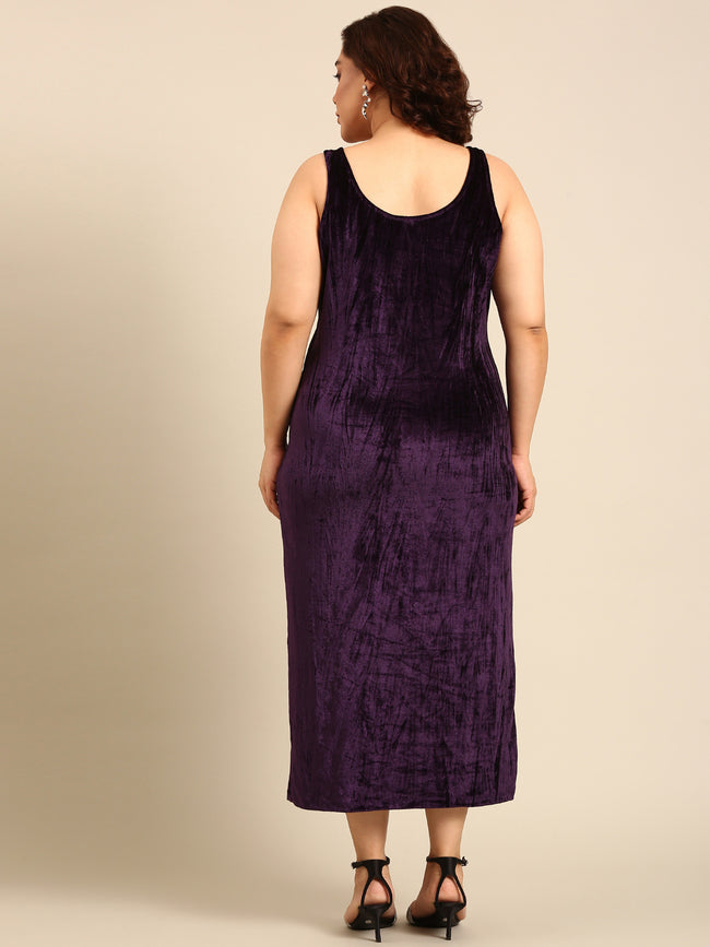 Women Purple Velvet Sleeve-less Dress