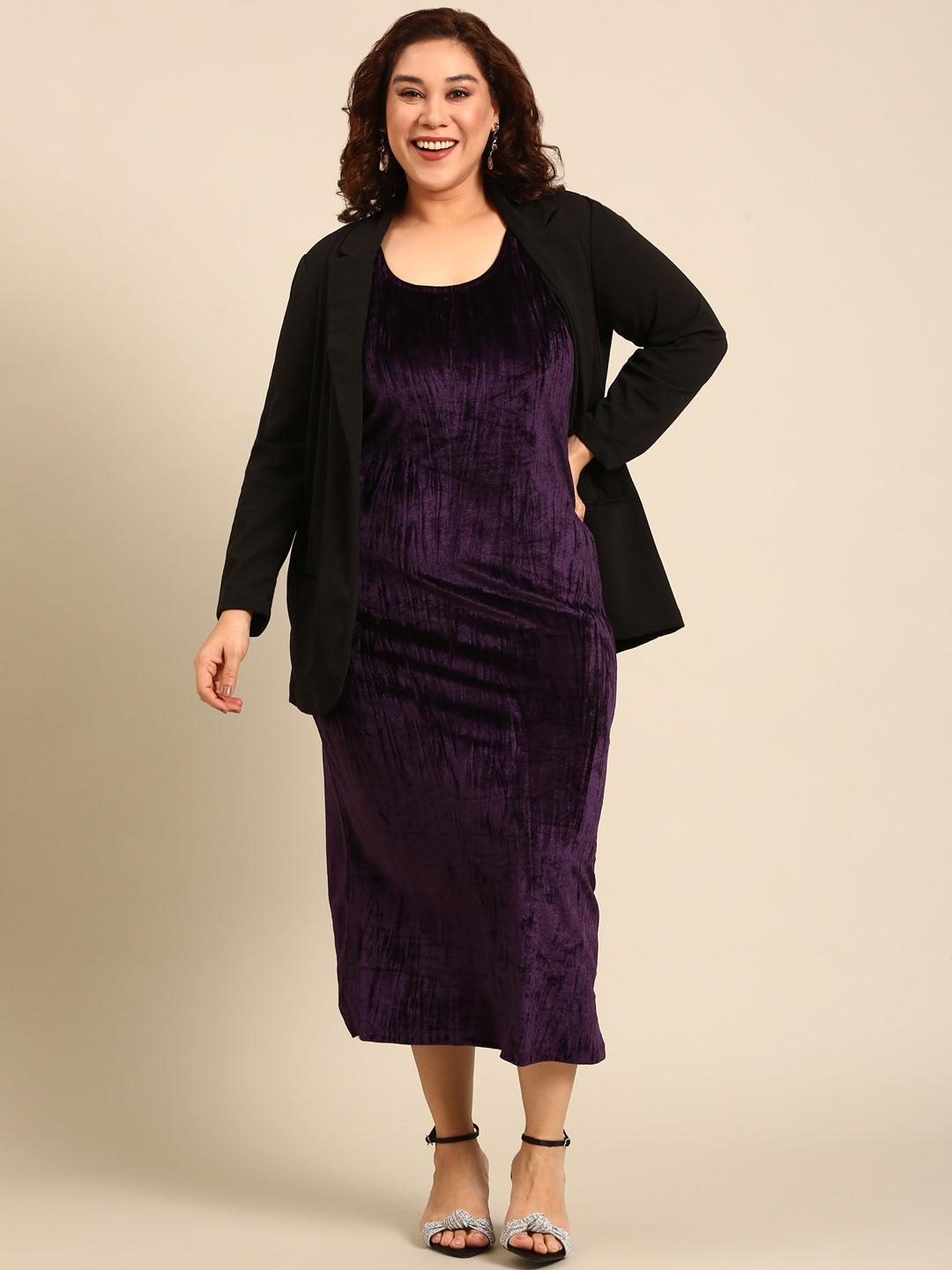 Women Purple Velvet Sleeve-less Dress