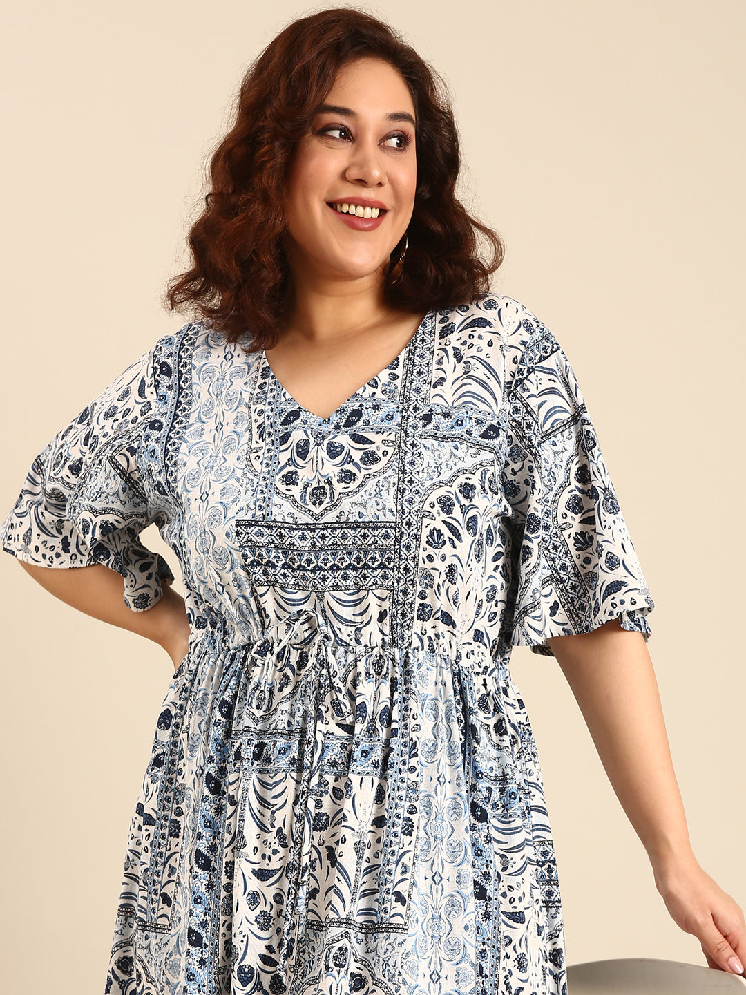 Women Blue Printed Dress With Waist Tie
