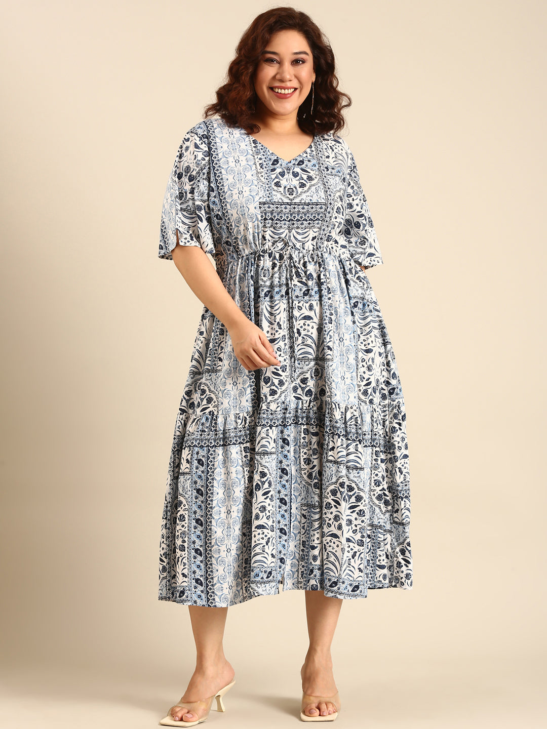 Women Blue Printed Dress With Waist Tie