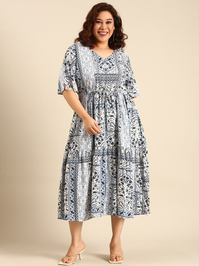 Women Blue Printed Dress With Waist Tie