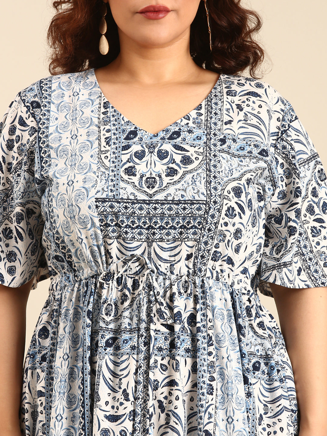 Women Blue Printed Dress With Waist Tie