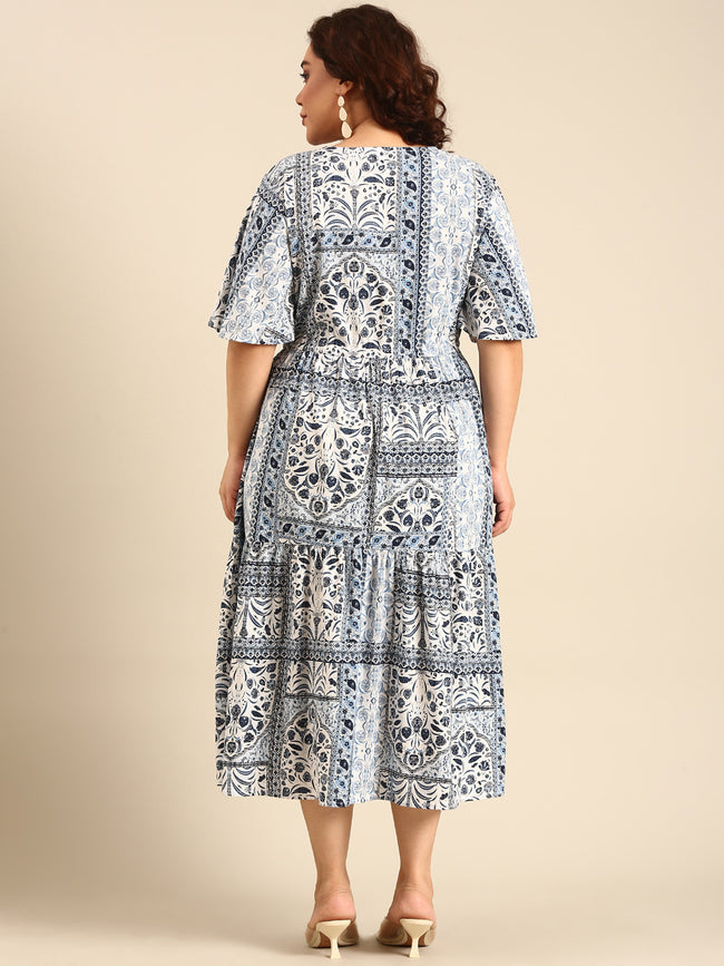 Women Blue Printed Dress With Waist Tie