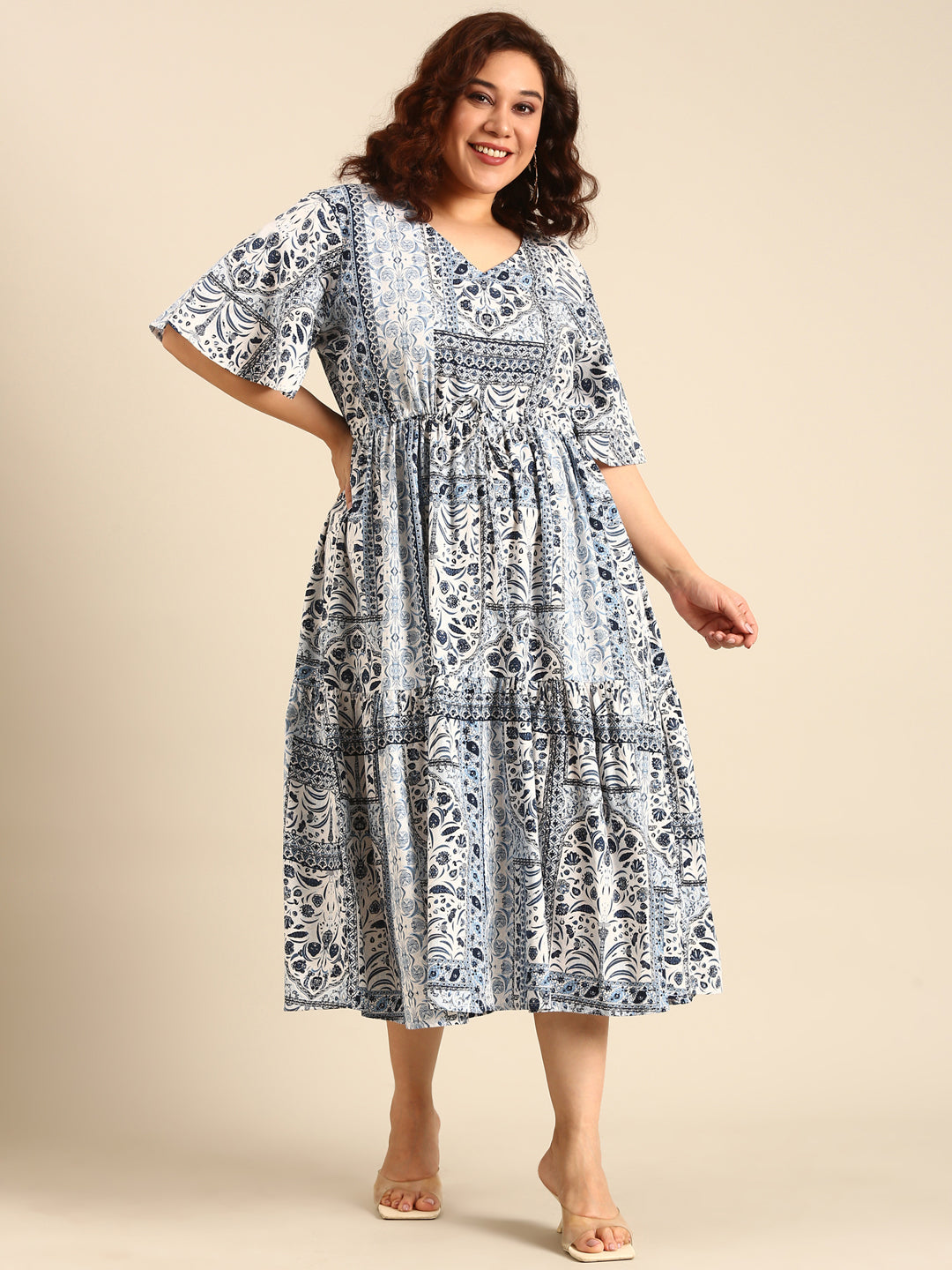 Women Blue Printed Dress With Waist Tie