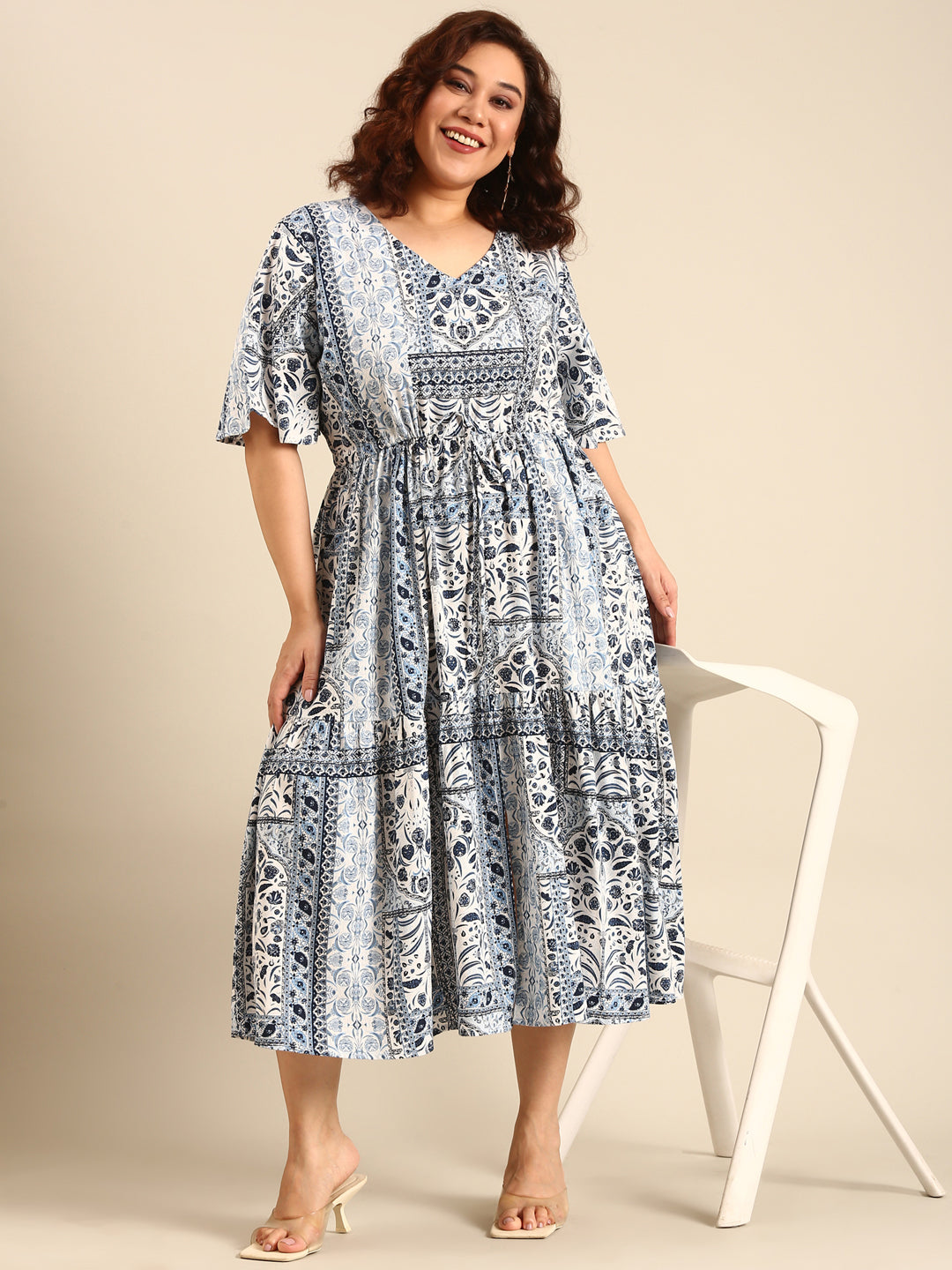 Women Blue Printed Dress With Waist Tie