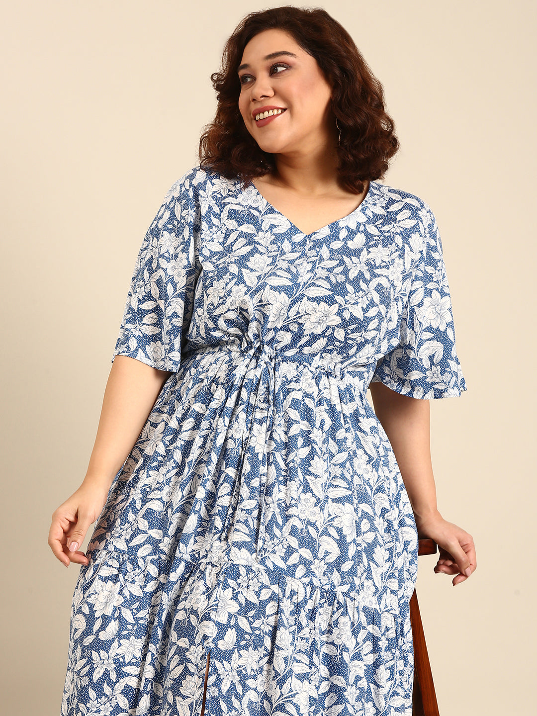 Women Blue Floral Printed Dress with Waist Tie