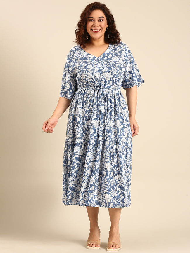 Women Blue Floral Printed Dress with Waist Tie