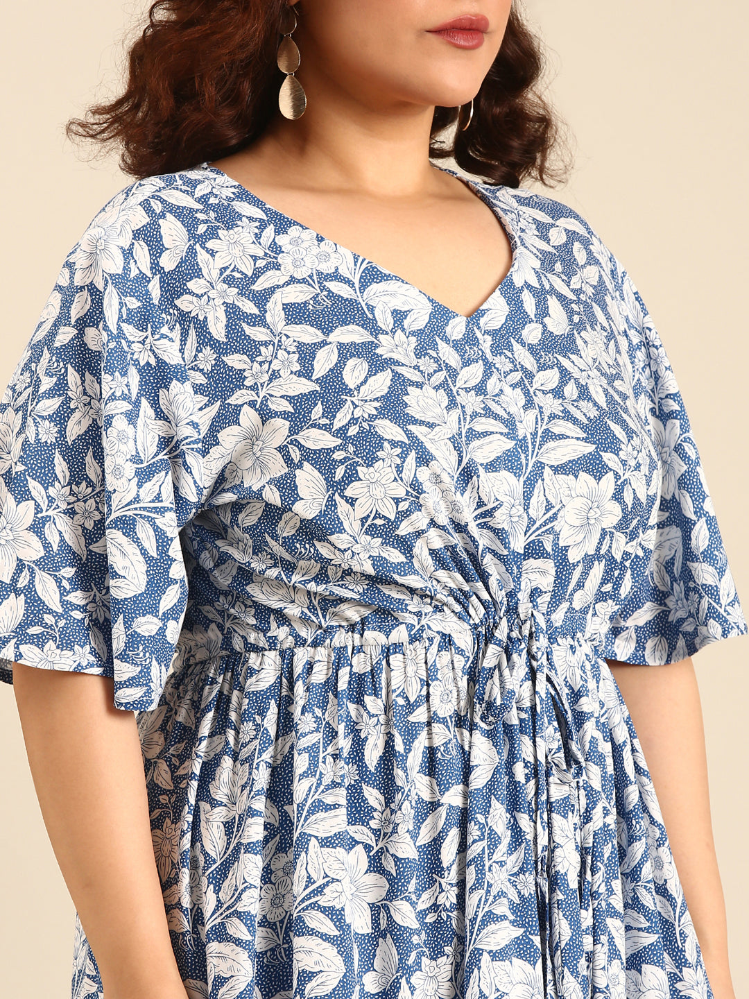 Women Blue Floral Printed Dress with Waist Tie